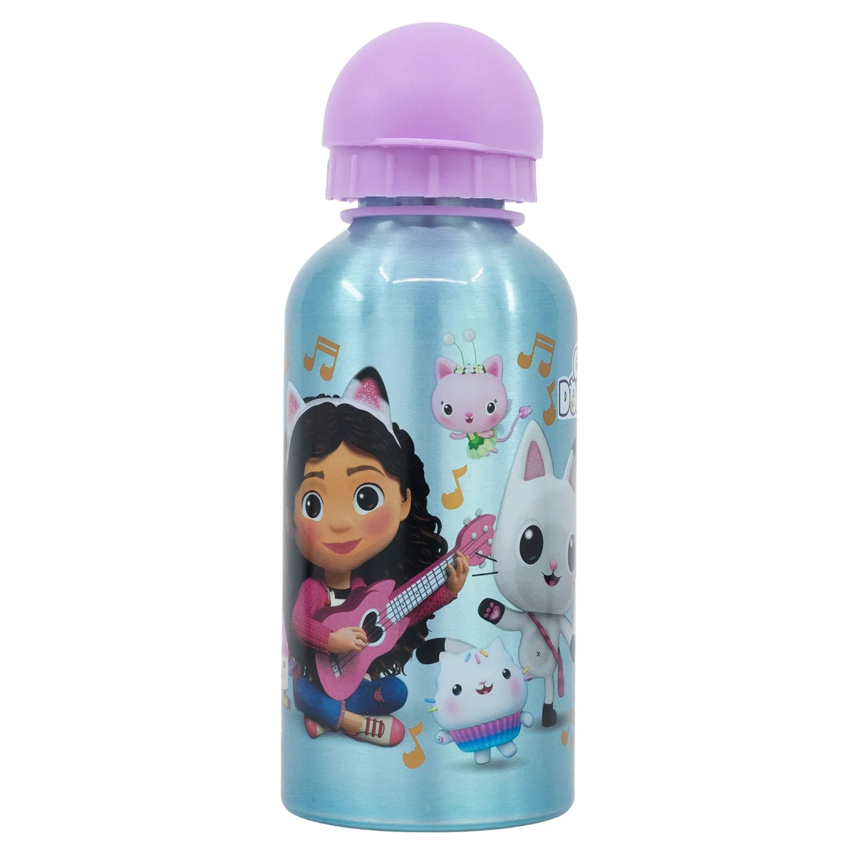 Hellblaue Trinkflasche aus Aluminium mit Gabby Dollhouse Motiv und lila Verschluss