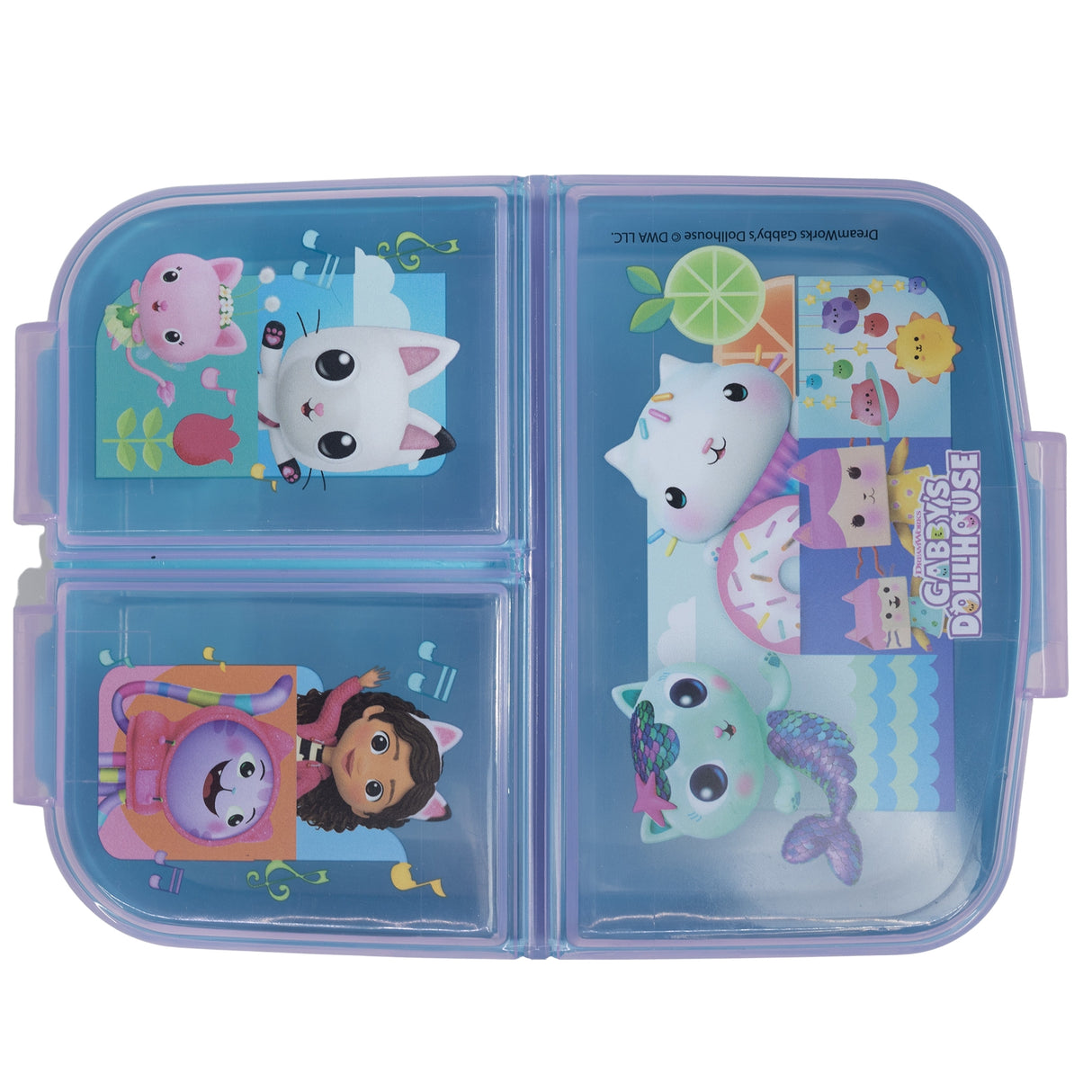Blaue Brotdose mit drei Fächern und Gabby Dollhouse Motiven