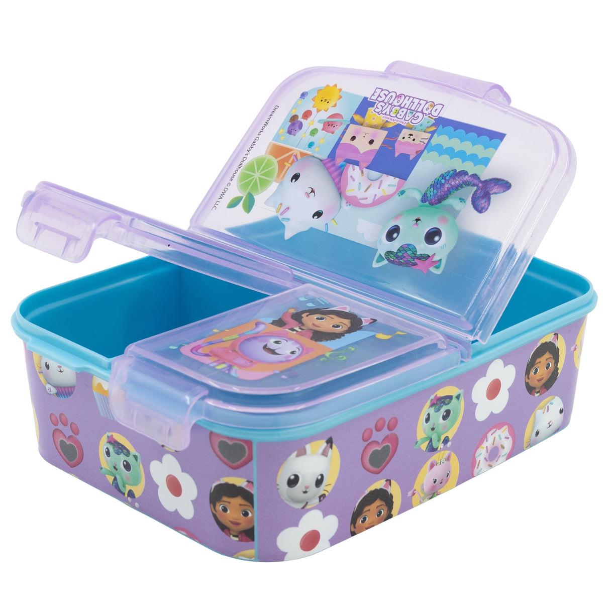 Lila Brotdose mit Gabby Dollhouse Motiven und transparentem Deckel