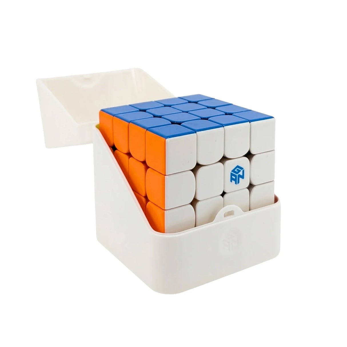 Rubikswürfel in Weiß, Blau und Orange in einer weißen Box