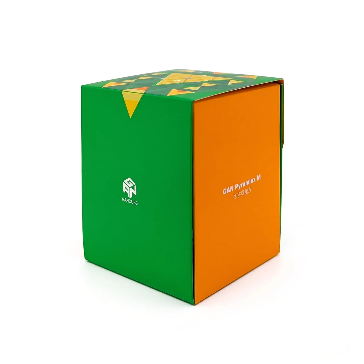 Grüne und orangefarbene GAN Pyraminx M Box mit Logo und Produktnamen