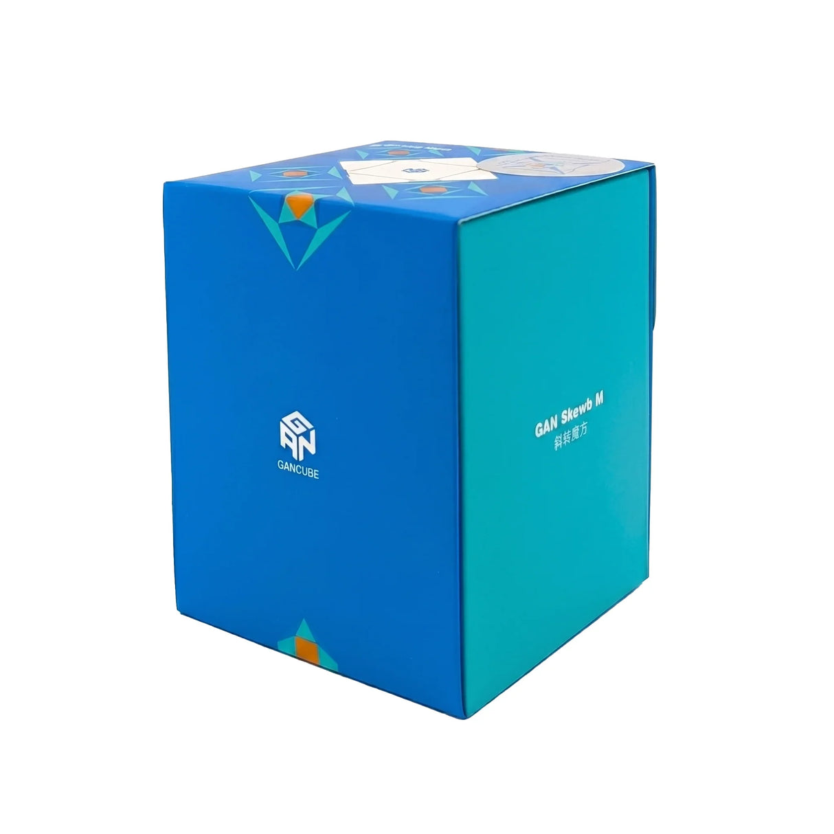 Blaue und türkise Schachtel mit GAN Skewb M Logo