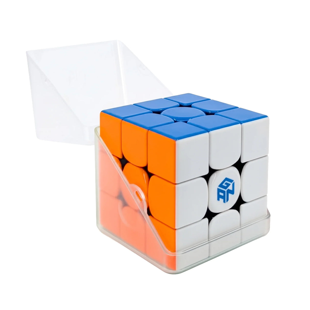 Ein GAN 356 RS 3x3 Zauberwürfel in einer transparenten Plastikbox