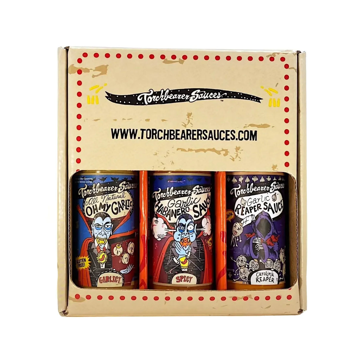 Geschenkbox mit drei Flaschen Torchbearer Saucen: Oh My Garlic, Garlic Habanero und Garlic Reaper