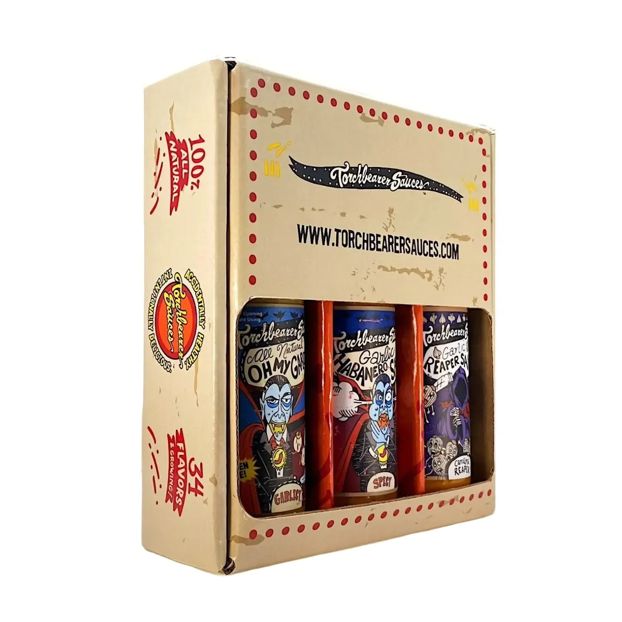 Geschenkbox mit drei Flaschen Torchbearer Saucen mit Vampir- und Reaper-Etiketten
