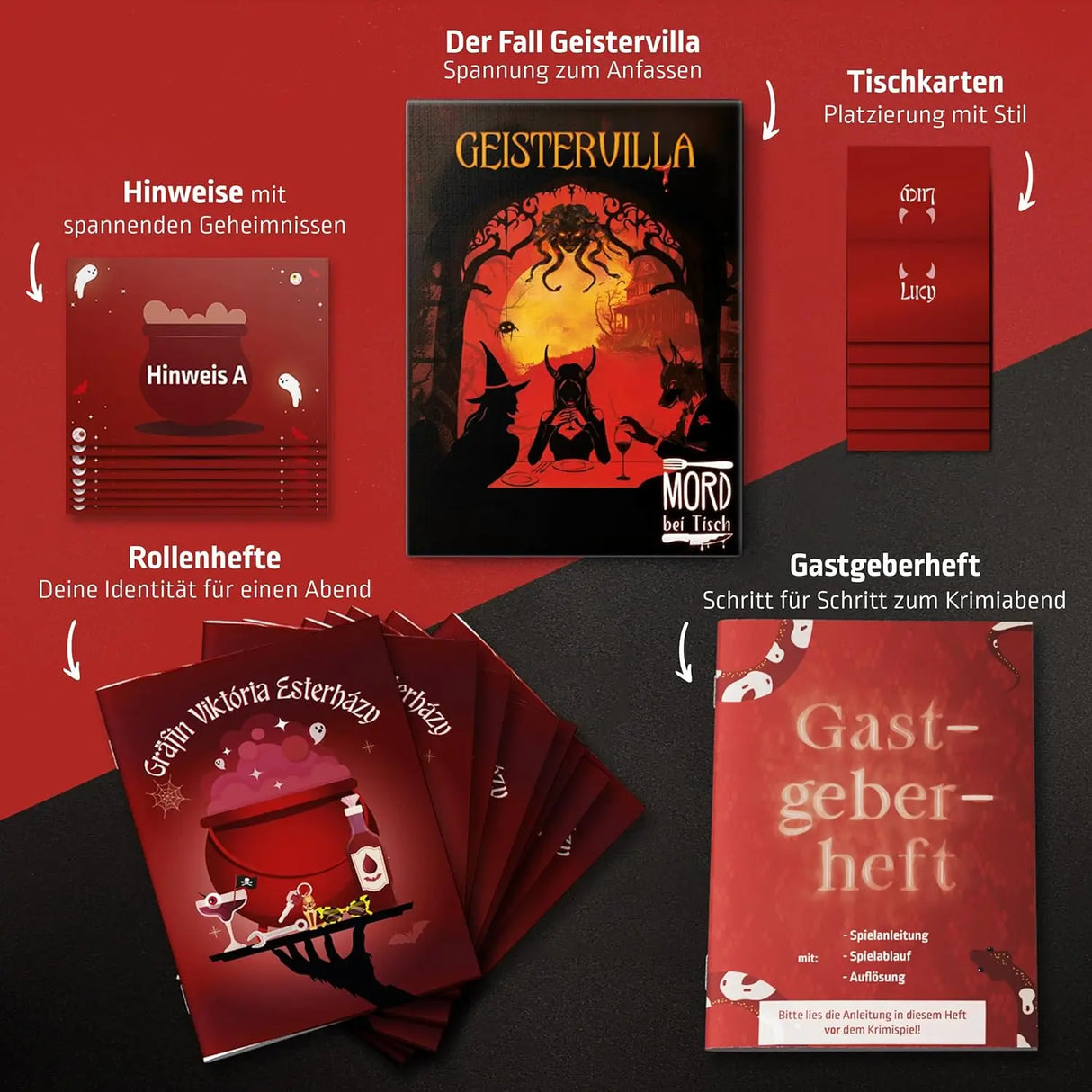 Mord bei Tisch Geistervilla Spielmaterialien: Hinweise, Rollenhefte, Gastgeberheft, Tischkarten und Spielbox