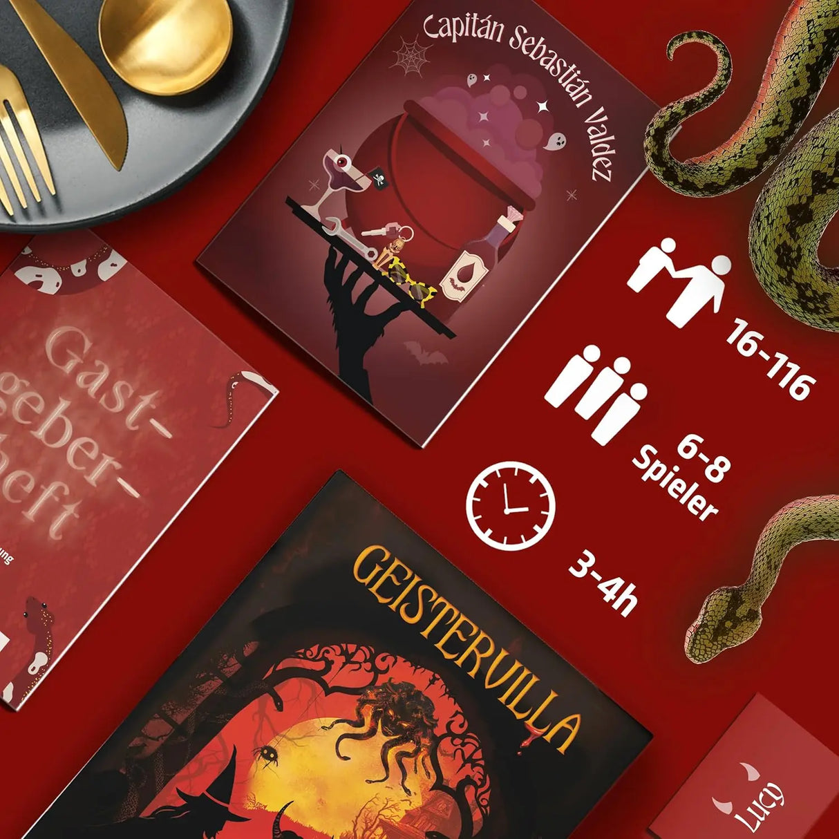 Brettspiele und Schlangen auf rotem Hintergrund mit Besteck und Spielinformationen
