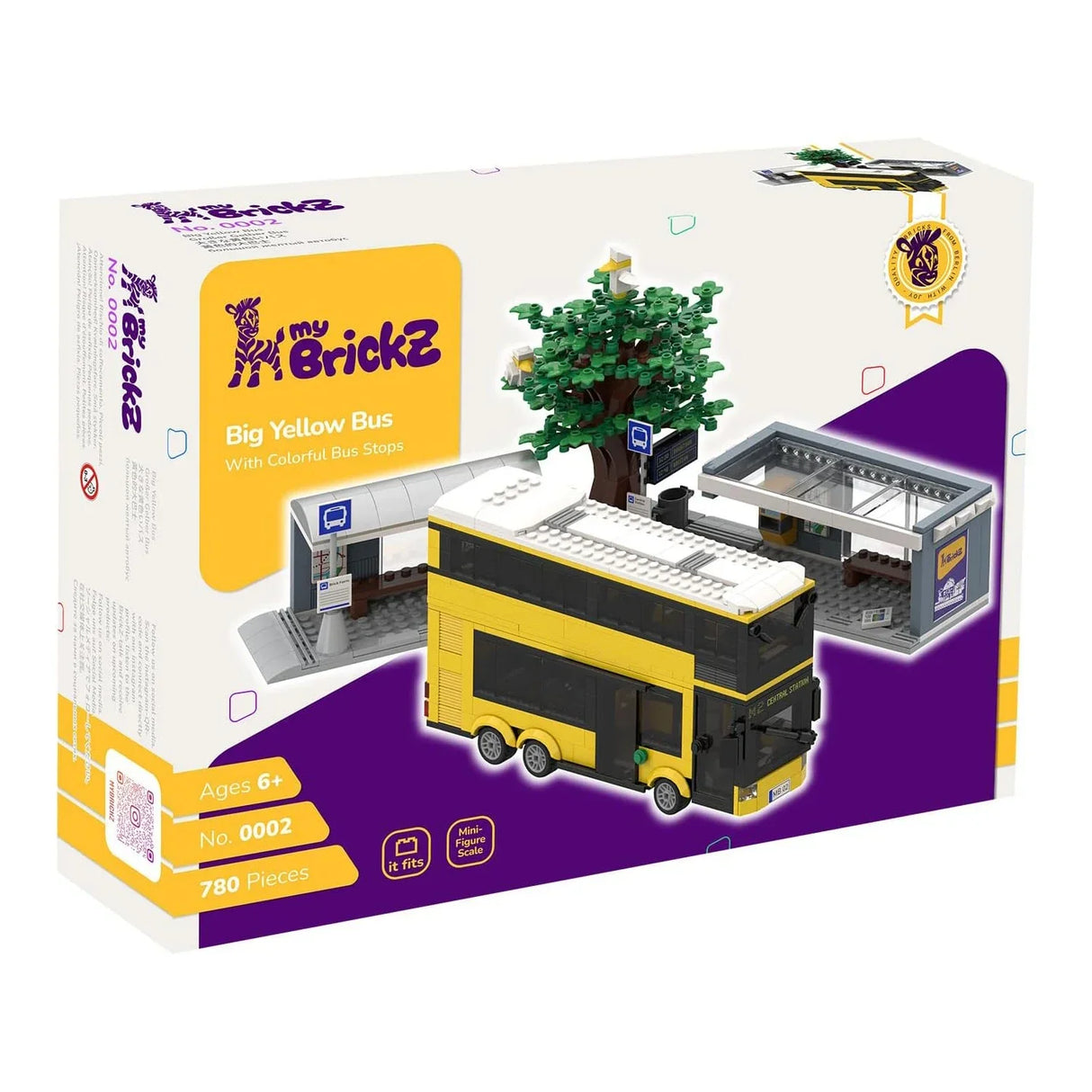 My Brickz Bausatz Großer Gelber Bus mit bunten Bushaltestellen