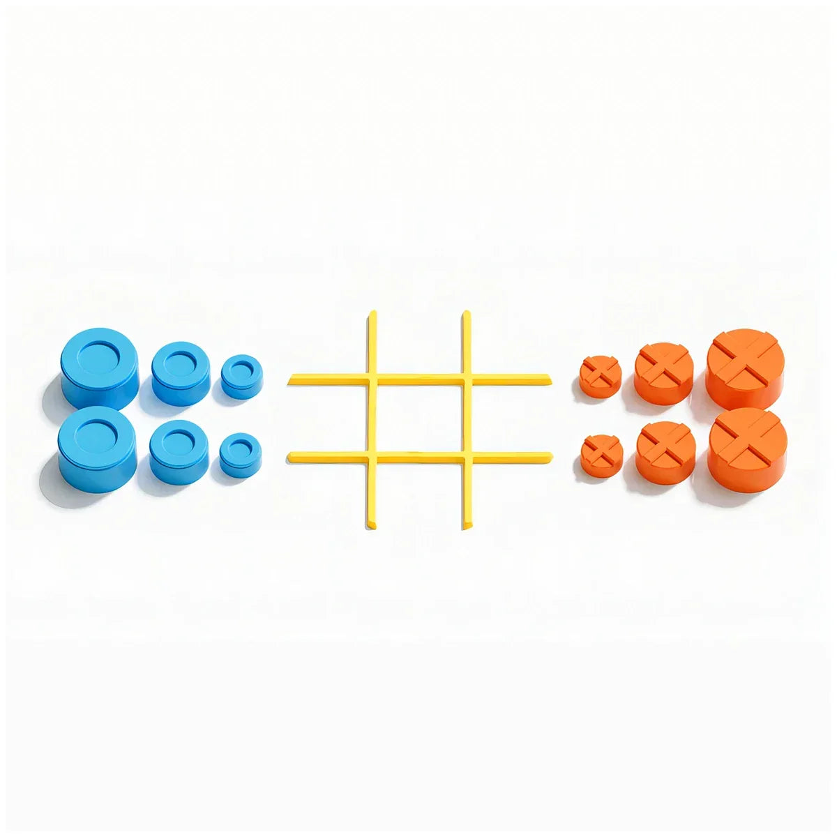 Gelbes Tic-Tac-Toe-Gitter mit blauen und orangefarbenen Spielsteinen
