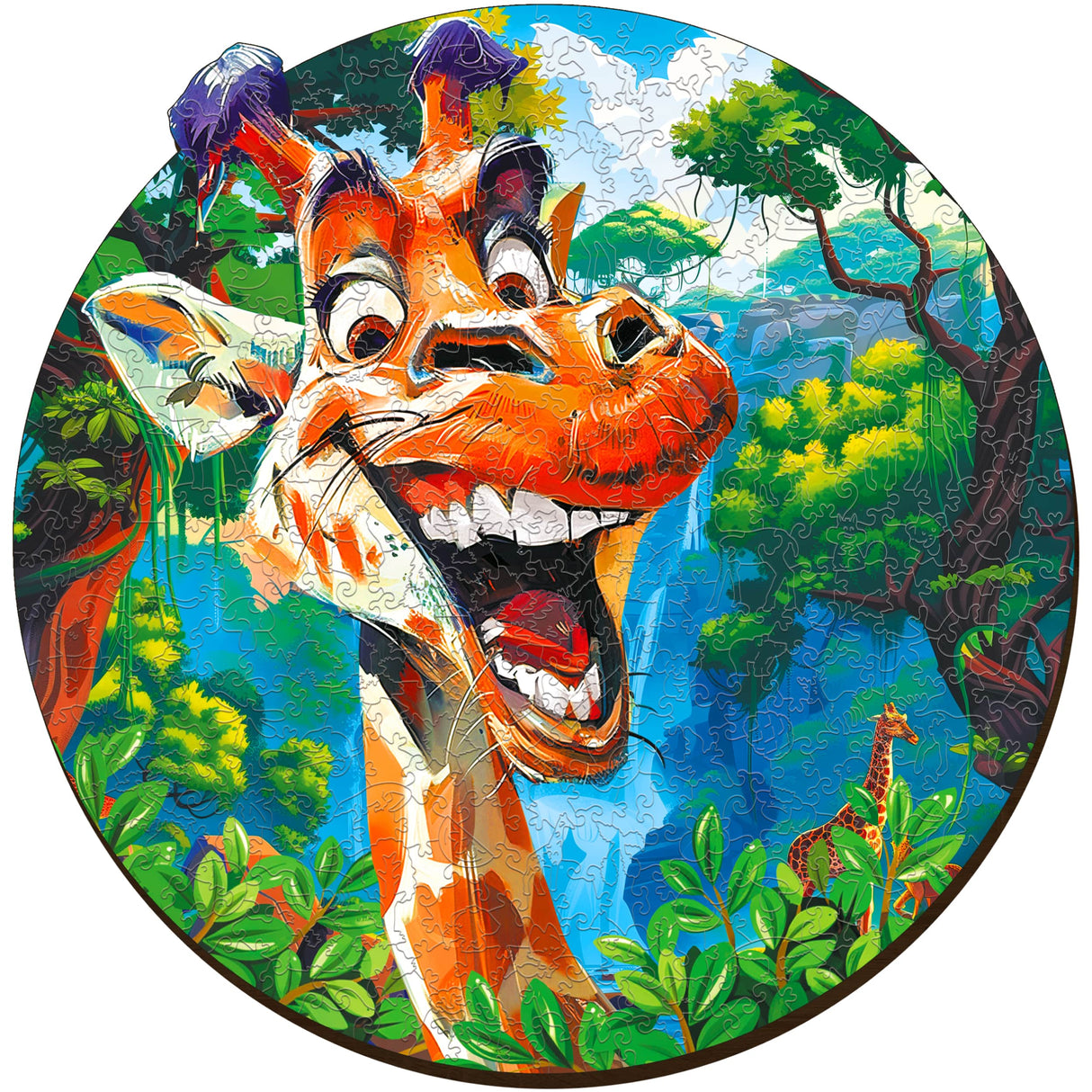 Rundes Puzzle mit einer lachenden Giraffe und einem Dschungelmotiv