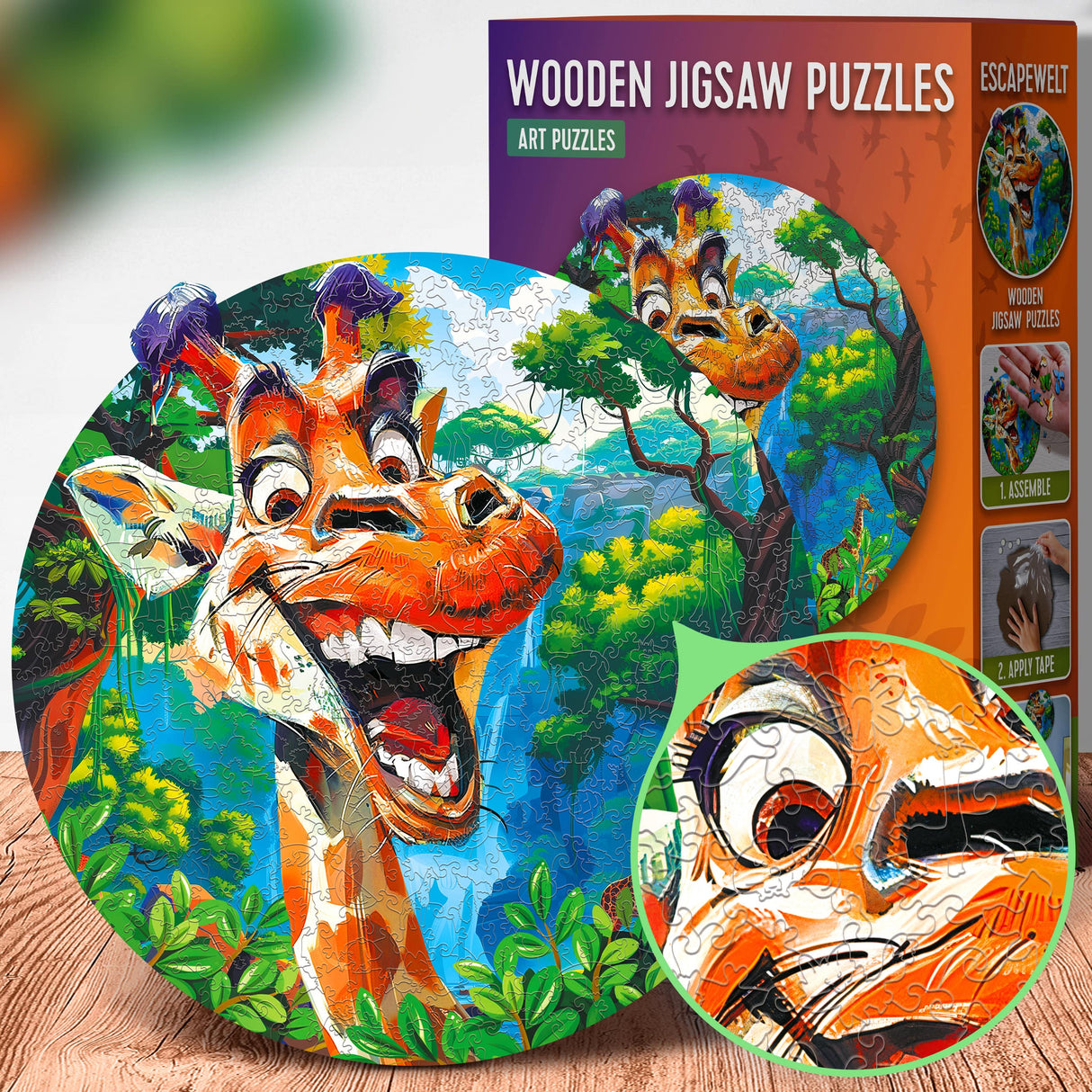 Rundes Holzpuzzle mit lachender Giraffe und Dschungelmotiv, daneben die Verpackung