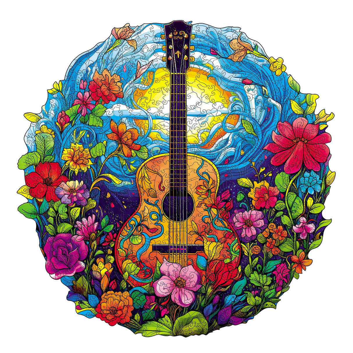 Buntes Gitarrenpuzzle umgeben von Blumen und Blättern