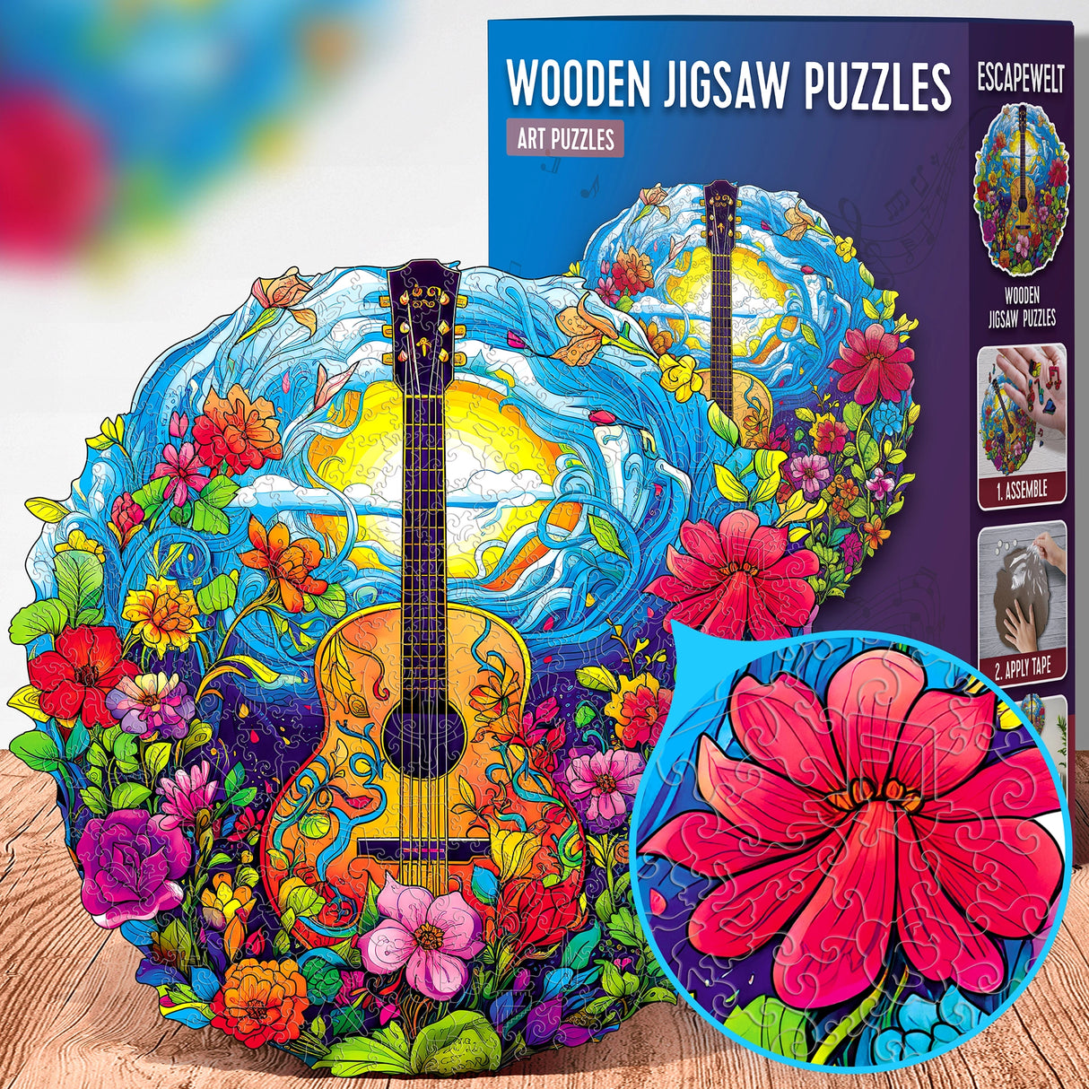 Holzpuzzle Gitarre mit Blumen und Sonne, Detailansicht einer roten Blume