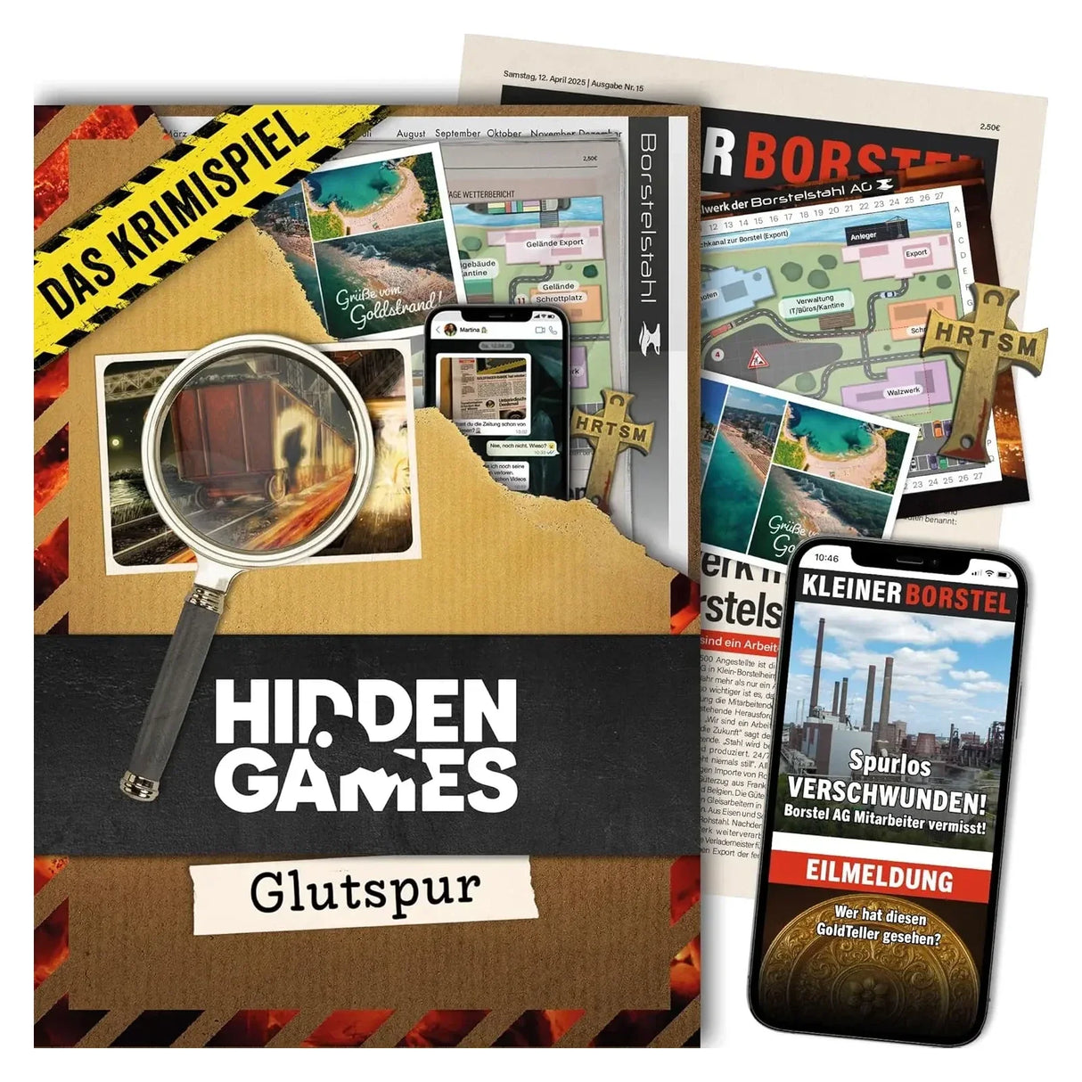 Krimispiel Hidden Games Glutsspur mit Lupe, Karte, Handy und Zeitung