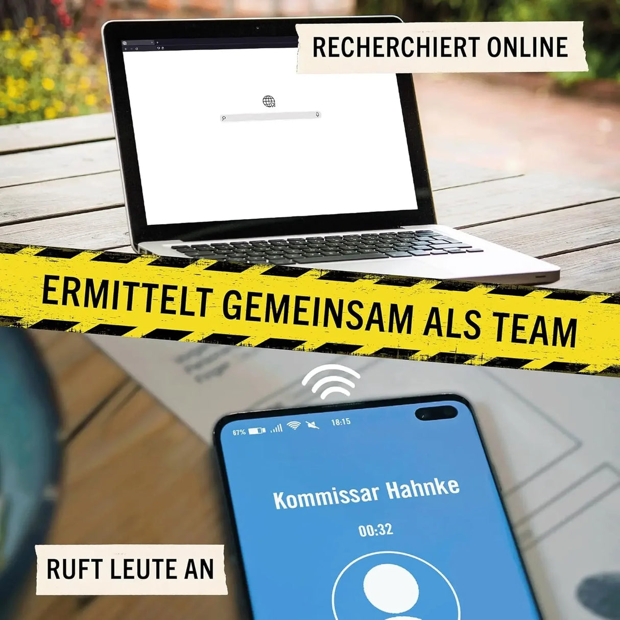 Laptop mit Suchleiste und Smartphone mit Anruf von Kommissar Hahnke