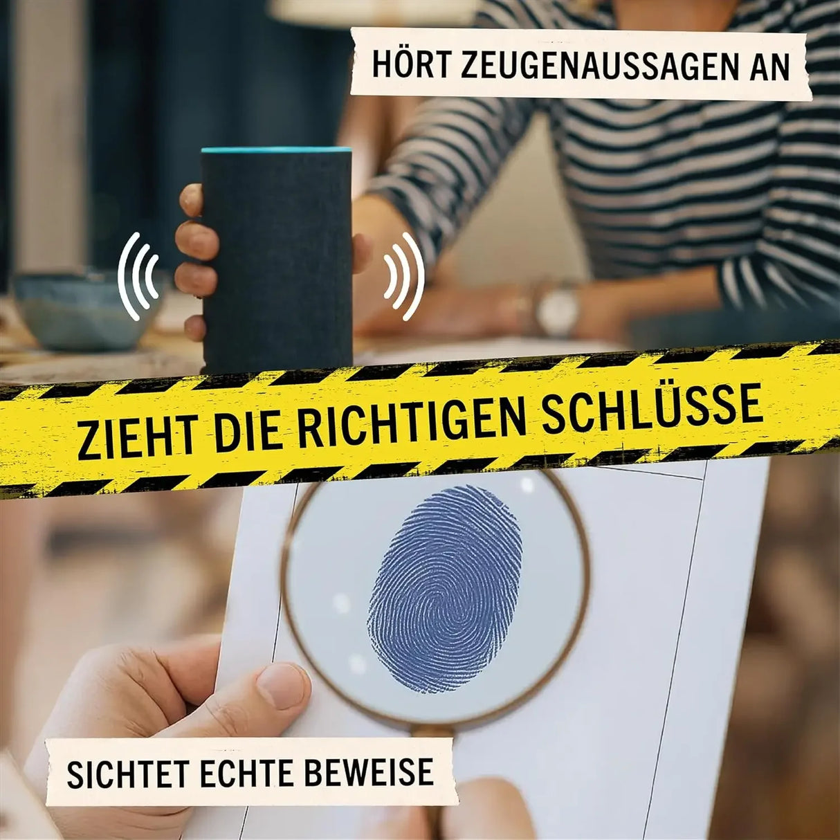 Eine Person hält einen intelligenten Lautsprecher, während eine andere Person einen Fingerabdruck mit einer Lupe untersucht