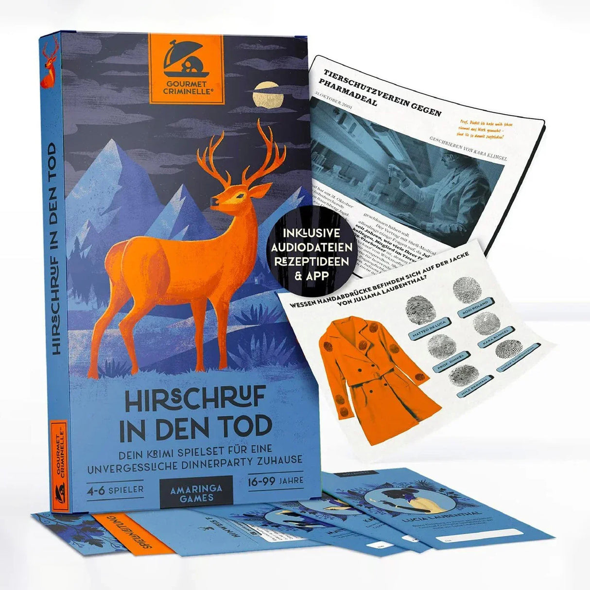 Krimispielset Hirschruf in den Tod mit Spielschachtel, Dokumenten und Hinweiskarten