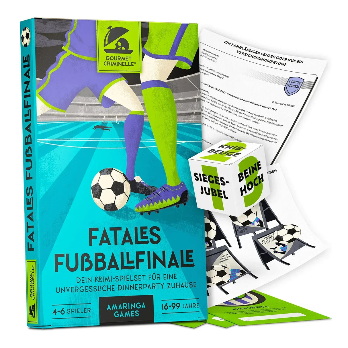 Spielschachtel und Zubehör des Krimispiels Fatales Fußballfinale mit Spielkarten und Würfel