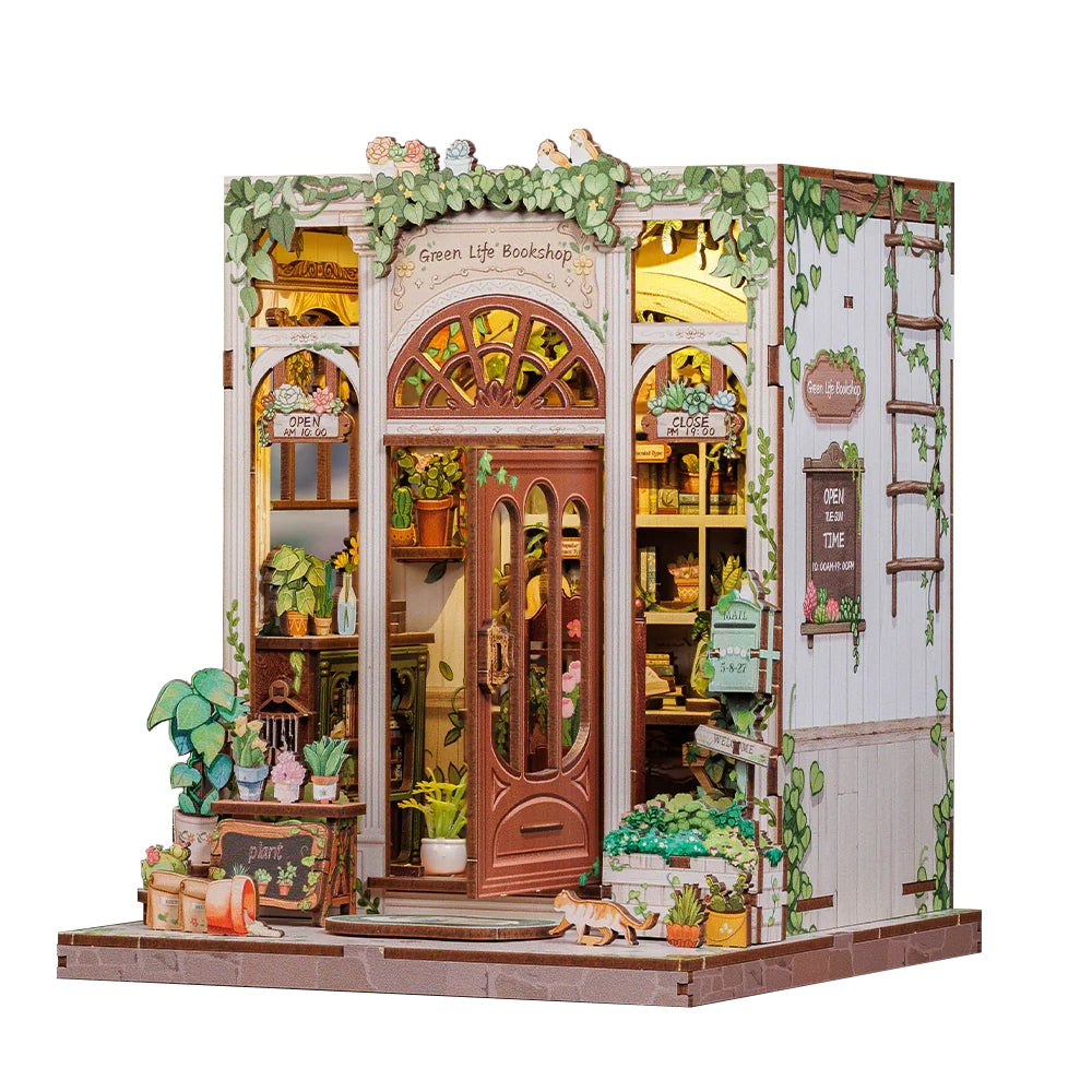 Miniatur-Puppenhaus-Bausatz mit Buchhandlung und Pflanzen