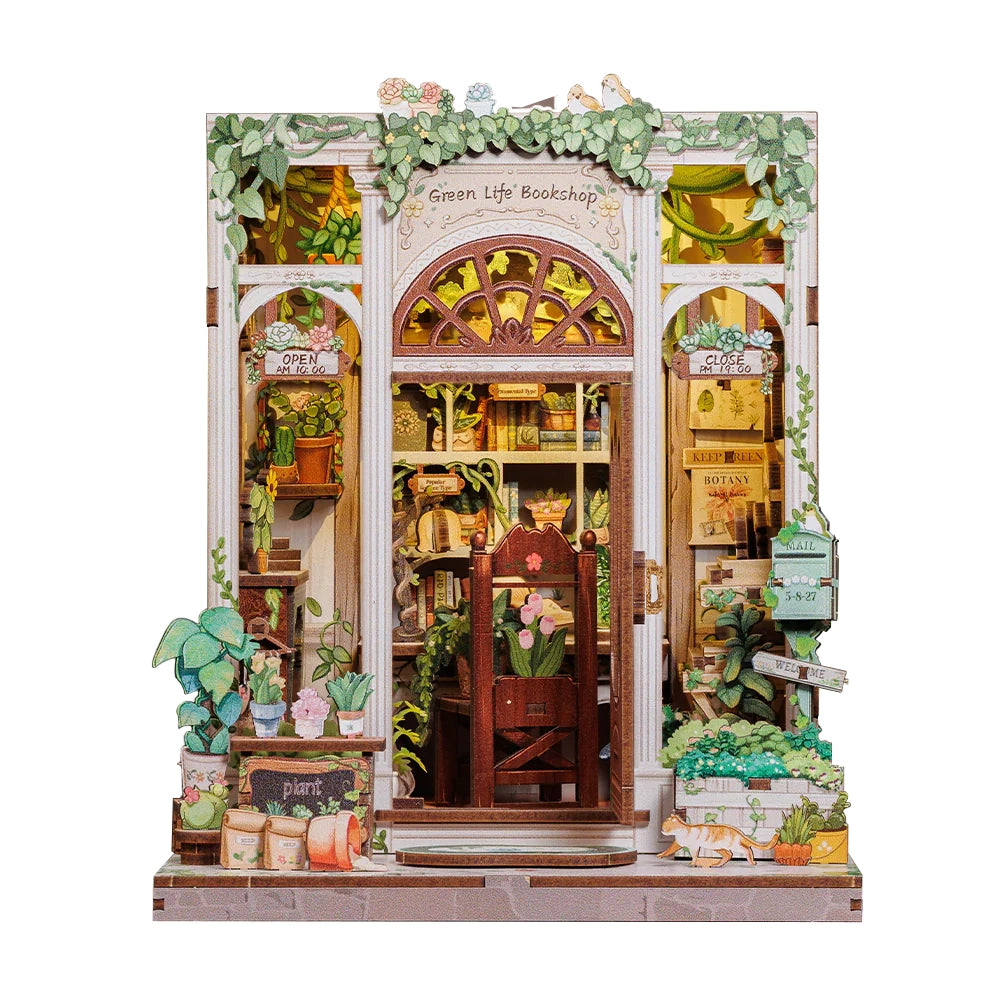 Miniatur-Buchhandlung Green Life mit Pflanzen und Büchern