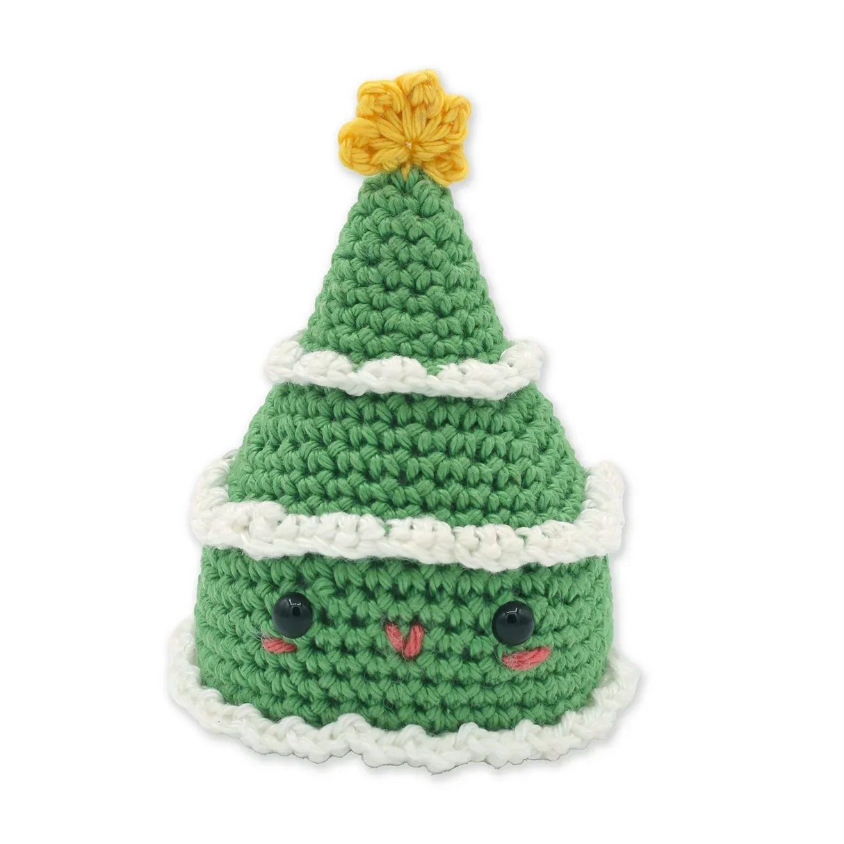 Gehäkelter Weihnachtsbaum mit Gesicht und gelbem Stern