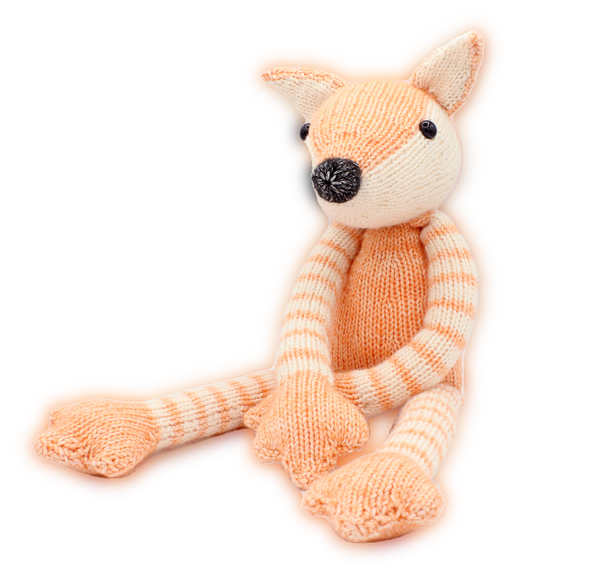 Gestricktes Kuscheltier in Fuchsform mit hellorangen Streifen