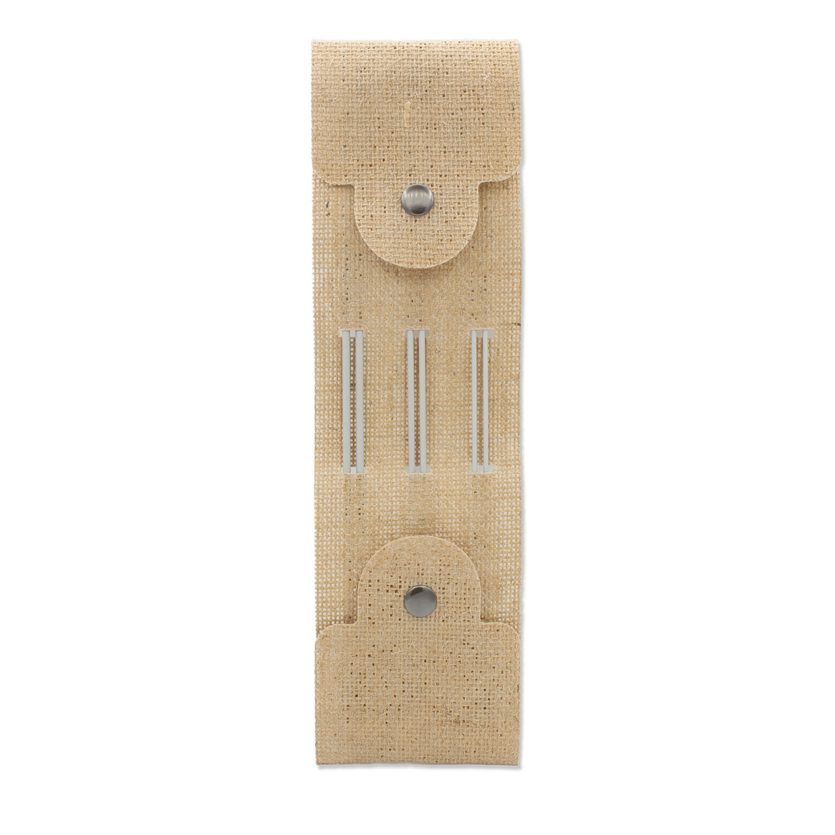 Beige Stofftasche mit Druckknöpfen und drei vertikalen Schlitzen