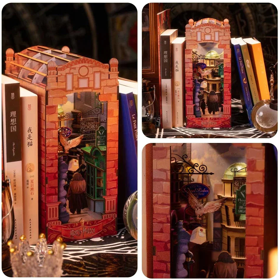 Harry Potter Book Nook Winkelgasse – drei Ansichten des beleuchteten Buchstützen-Dioramas mit Backsteingassen, Geschäften und Detailbeleuchtung
