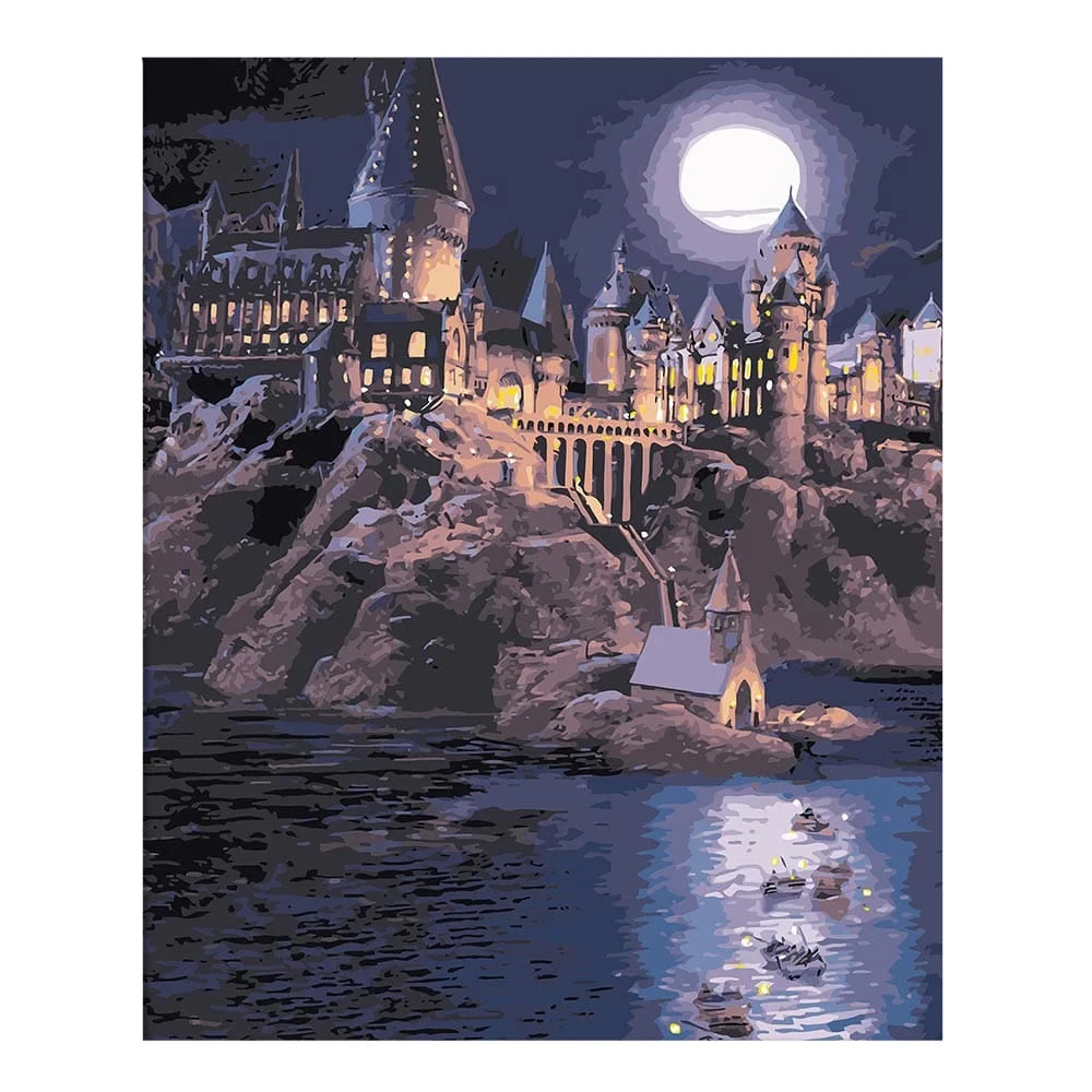 Harry Potter Bootsfahrt über den Schwarzen See Malen nach Zahlen mit beleuchtetem Schloss Hogwarts bei Nacht und Vollmond