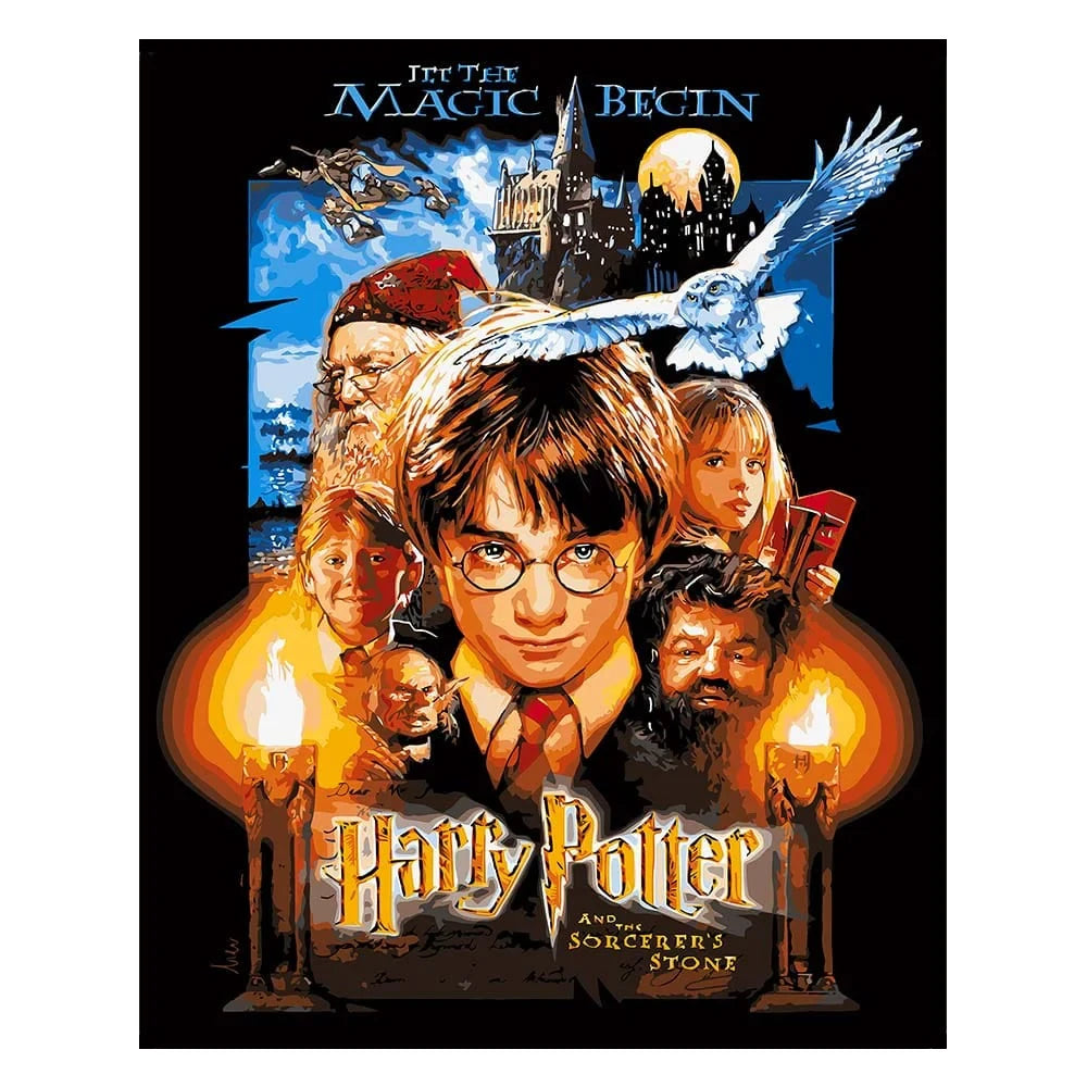Harry Potter und der Stein der Weisen Filmplakat mit den Hauptfiguren und Schloss Hogwarts