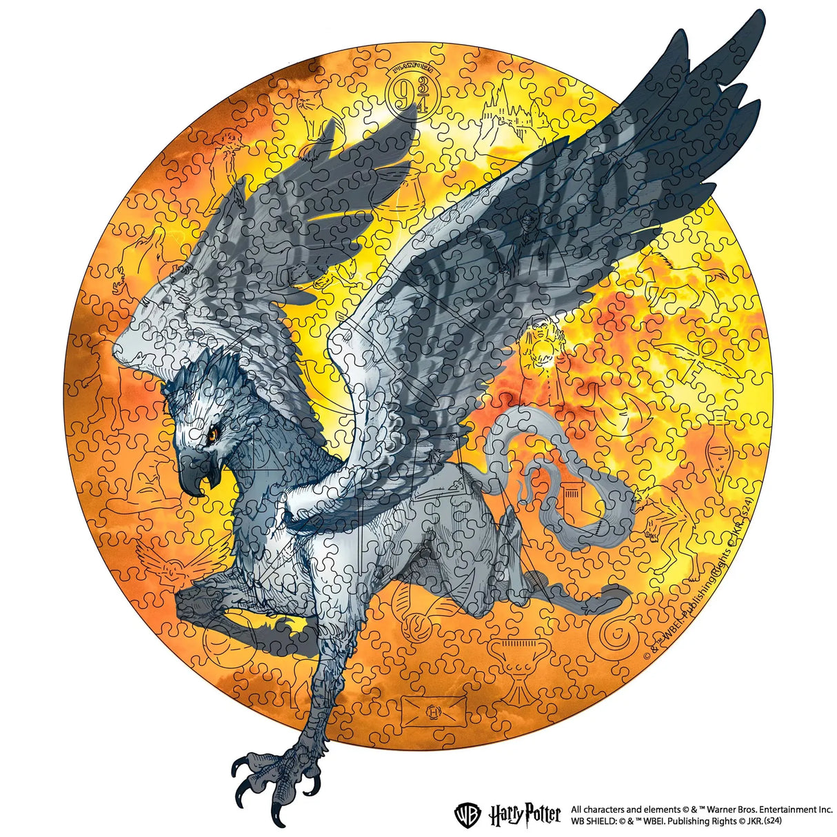 Ein Puzzle mit einem Hippogreif vor einem orange-gelben Hintergrund mit Harry Potter Motiven