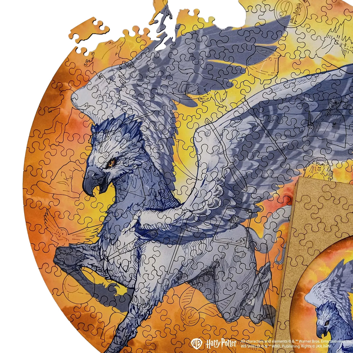 Ein rundes Puzzle mit einem Hippogreif und Harry Potter Motiven