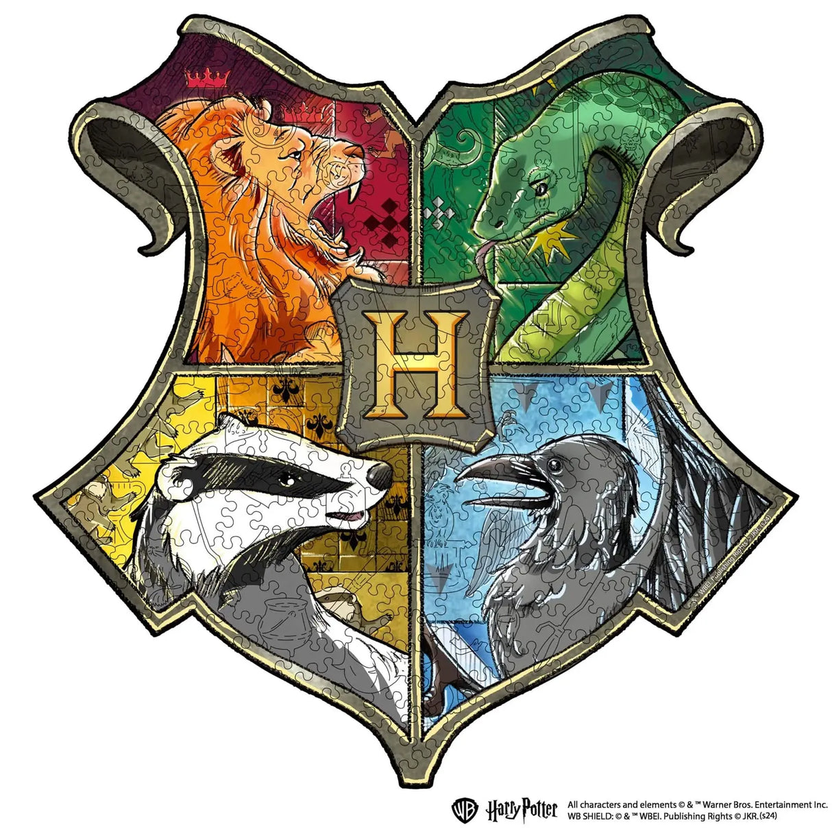 Wappen von Hogwarts mit Löwe, Schlange, Dachs und Rabe