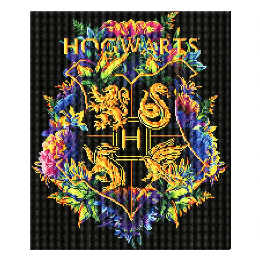 Harry Potter Hogwarts Wappen Diamond Painting mit den vier Häuserwappen, Löwe, Schlange und farbenfrohem Blumendesign auf schwarzem Grund