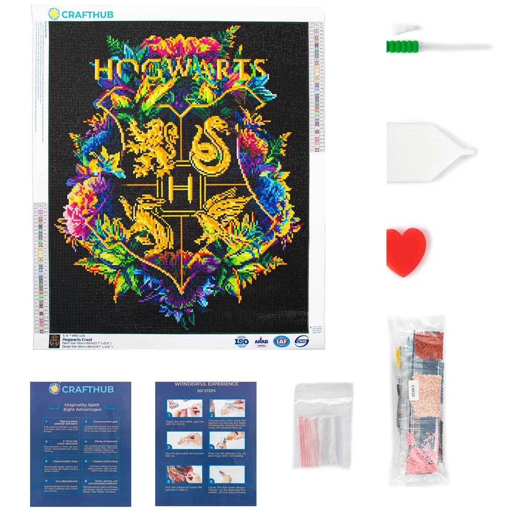 Harry Potter Hogwarts Wappen Diamond Painting Craft Hub Set mit Zubehör, Stift, Ablageschale und Diamant-Steinchen – Format 50x60 cm