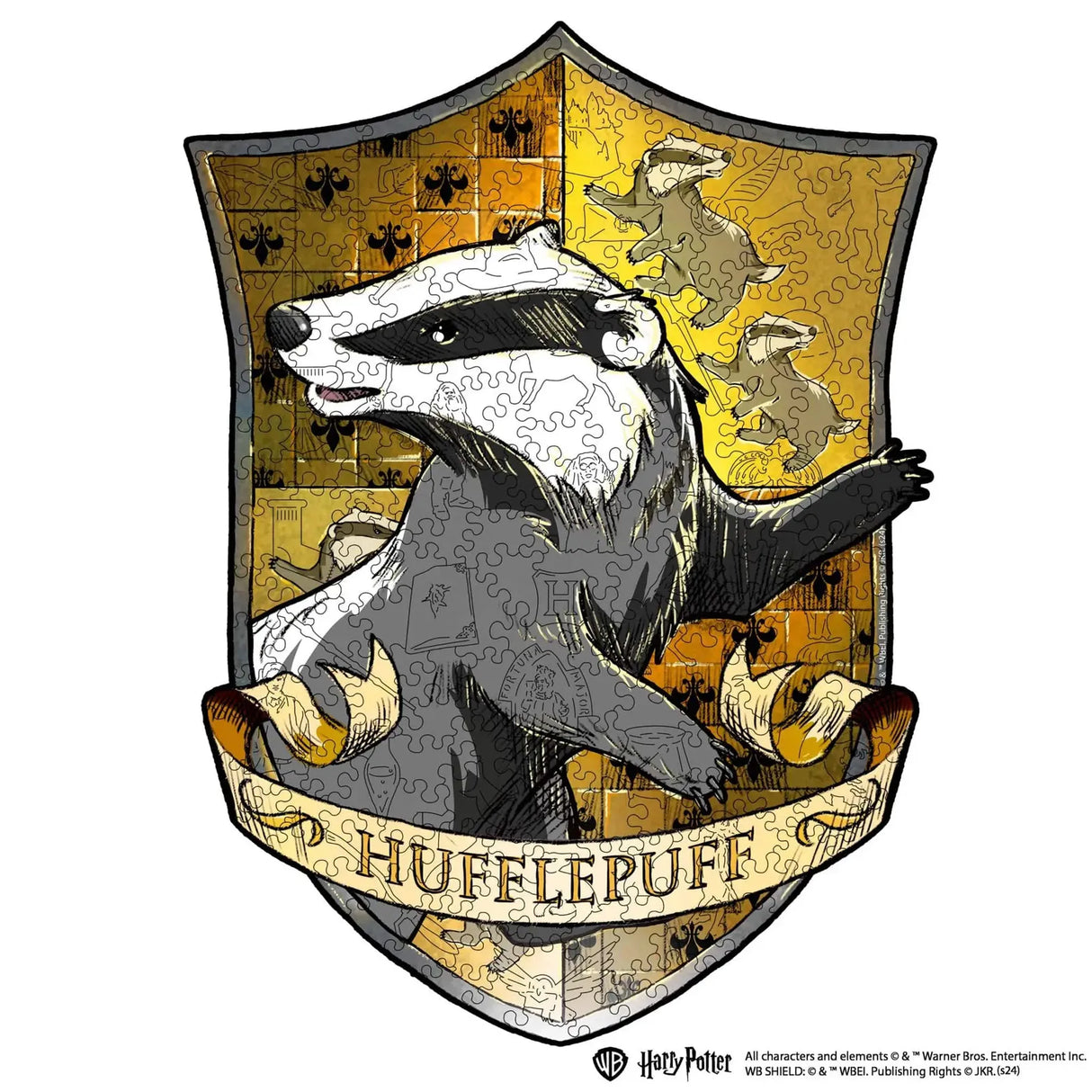Wappen von Hufflepuff mit einem Dachs und dem Schriftzug Hufflepuff