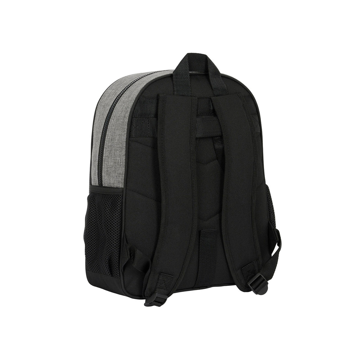 Rückansicht eines grauen und schwarzen Rucksacks mit verstellbaren Trägern und Netzseitentaschen