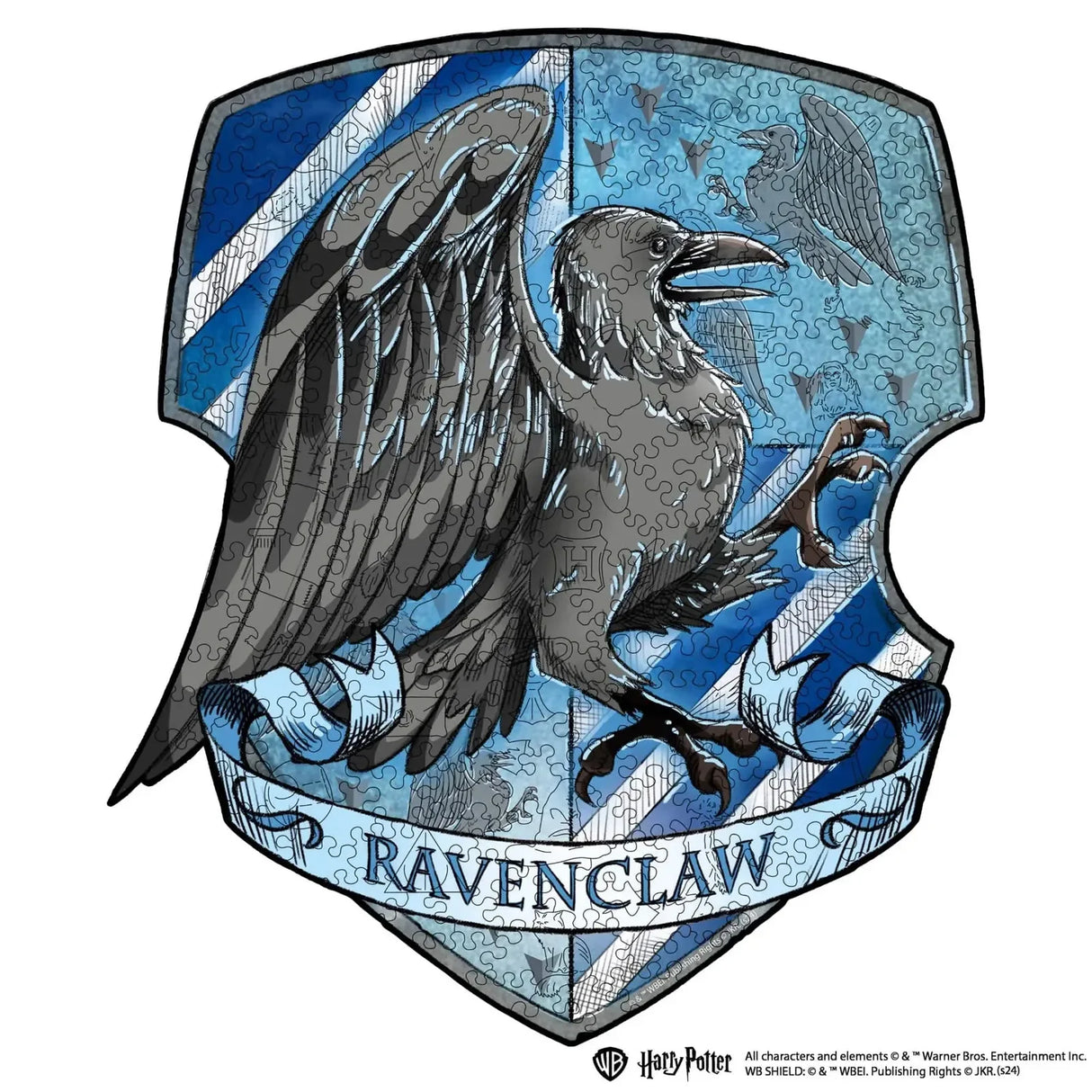 Ravenclaw Wappen Puzzle mit einem Raben auf blau-weiß gestreiftem Hintergrund