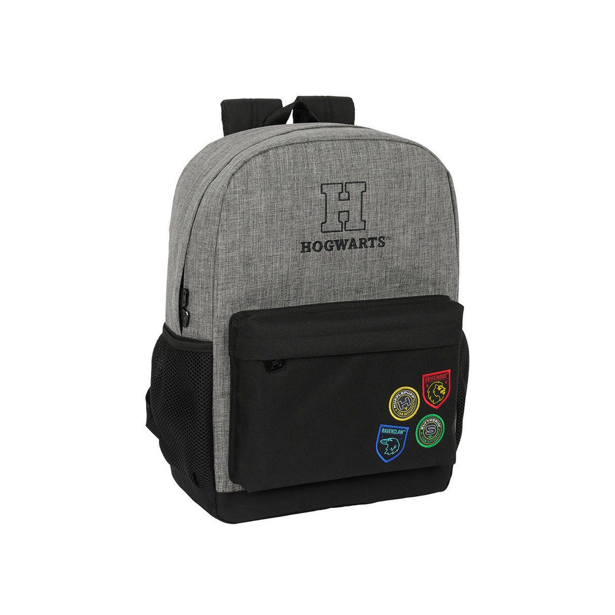 Grauer Hogwarts Rucksack mit schwarzer Vortasche und vier Hauswappen Aufnähern