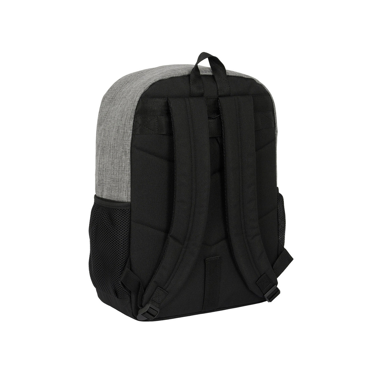 Grauer Rucksack mit schwarzen Schultergurten und Netzseitentaschen von hinten gesehen