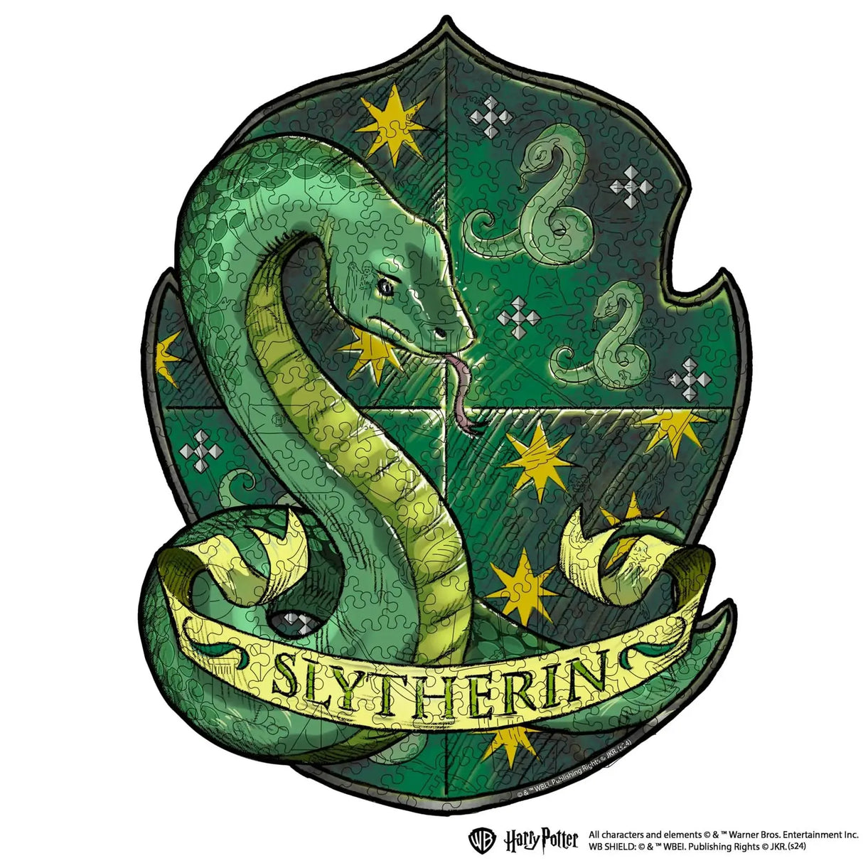 Slytherin Wappen Puzzle mit einer grünen Schlange und dem Schriftzug Slytherin