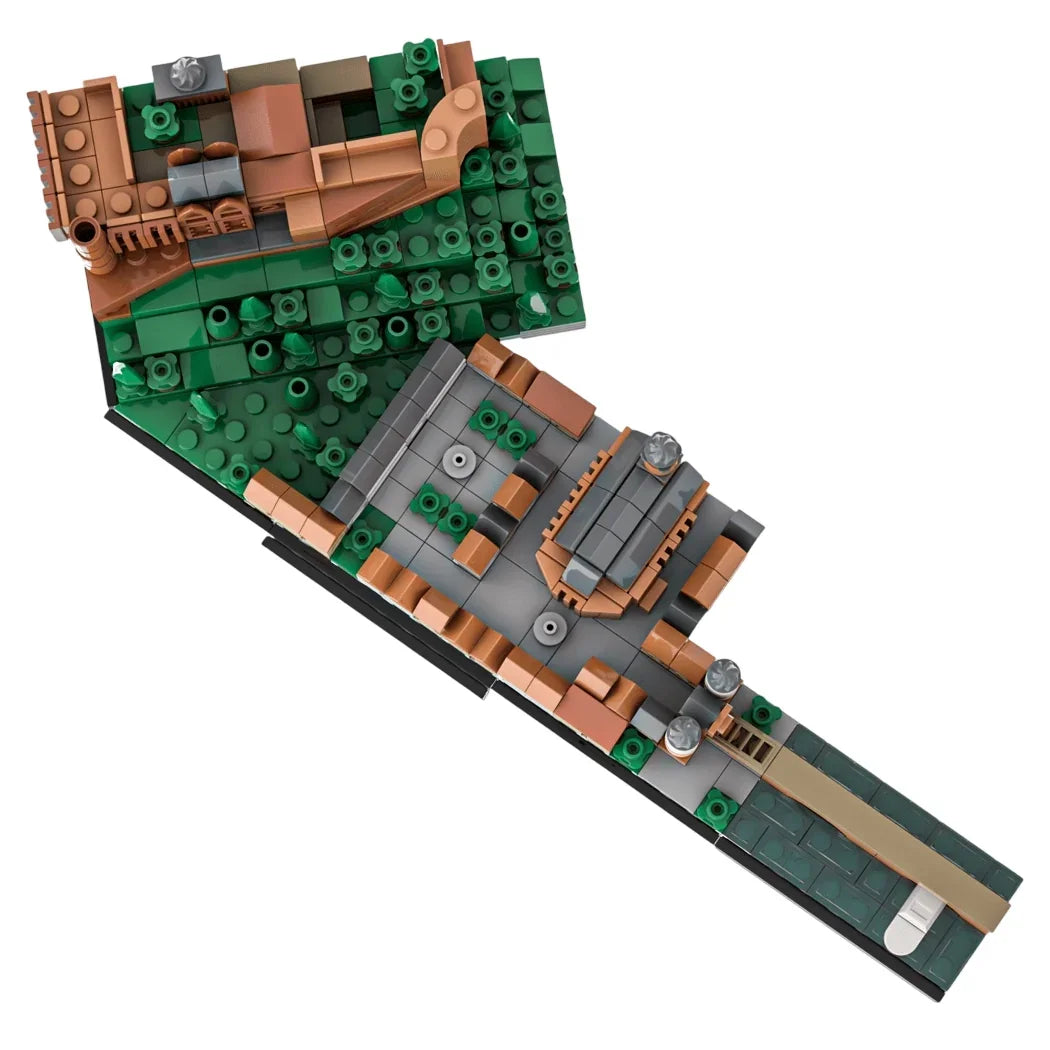 Lego-Modell einer Landschaft mit Bäumen, Wegen und Gebäuden