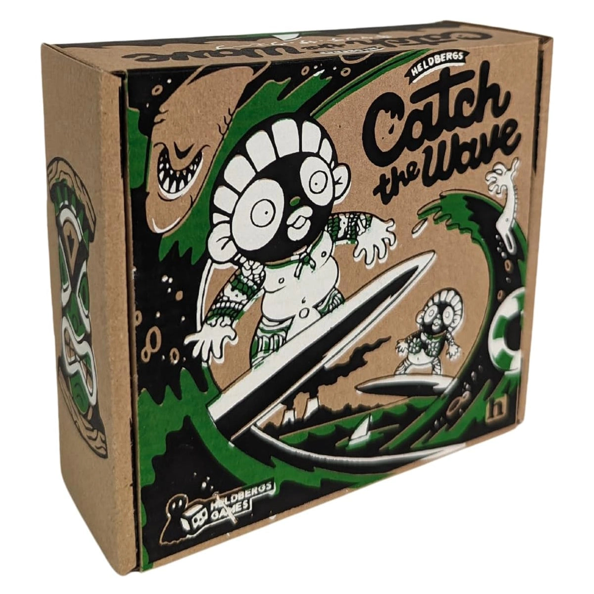 Catch the Wave Brettspielbox mit Surfer-Charakter und Hai-Grafik