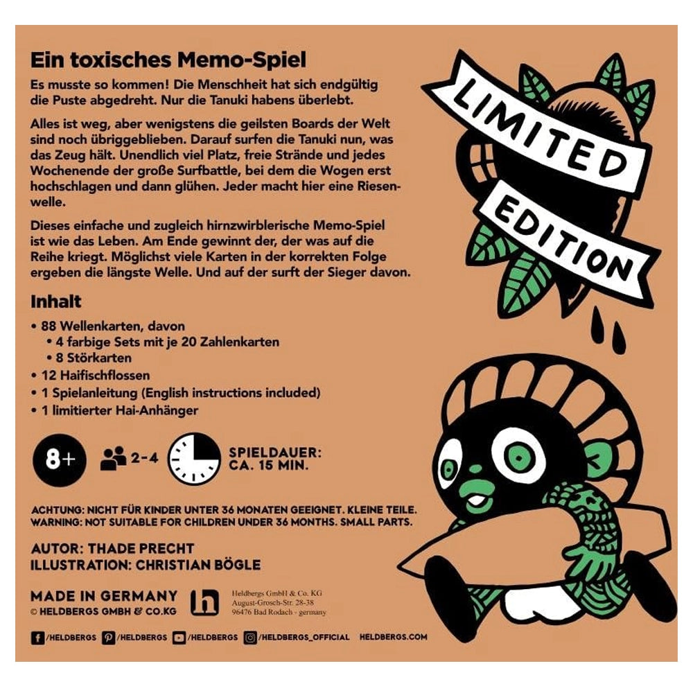 Ein toxisches Memo-Spiel Verpackung mit Tanuki-Charakter auf Surfbrett und Limited Edition Banner