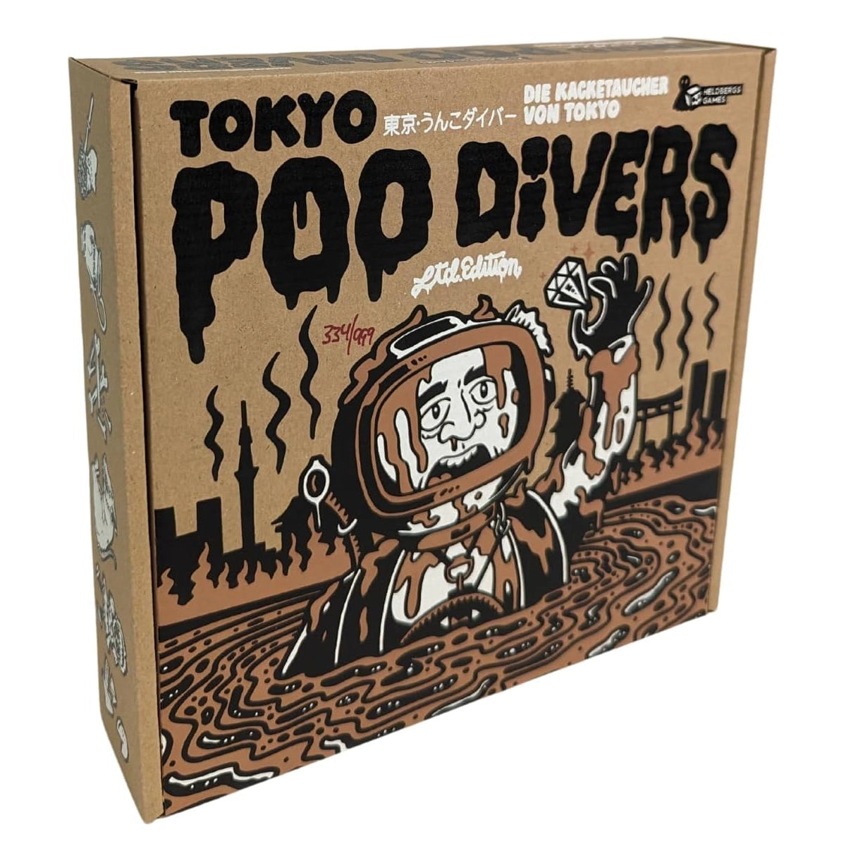 Tokyo Poop Divers Spielbox mit Taucher in brauner Flüssigkeit und Stadtsilhouette