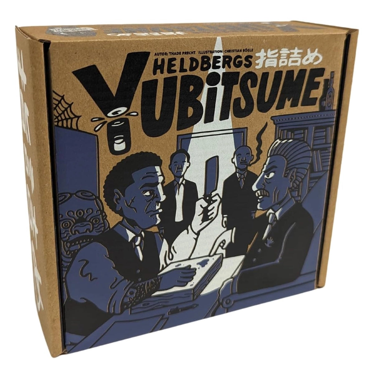 Nahaufnahme der Heldbergs Yubitsume Box mit Illustrationen von Männern in Anzügen
