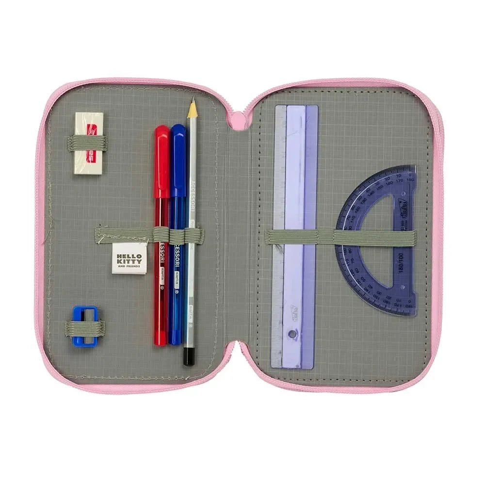 Offenes rosa Federmäppchen mit Stiften, Bleistift, Radiergummi, Lineal und Geodreieck
