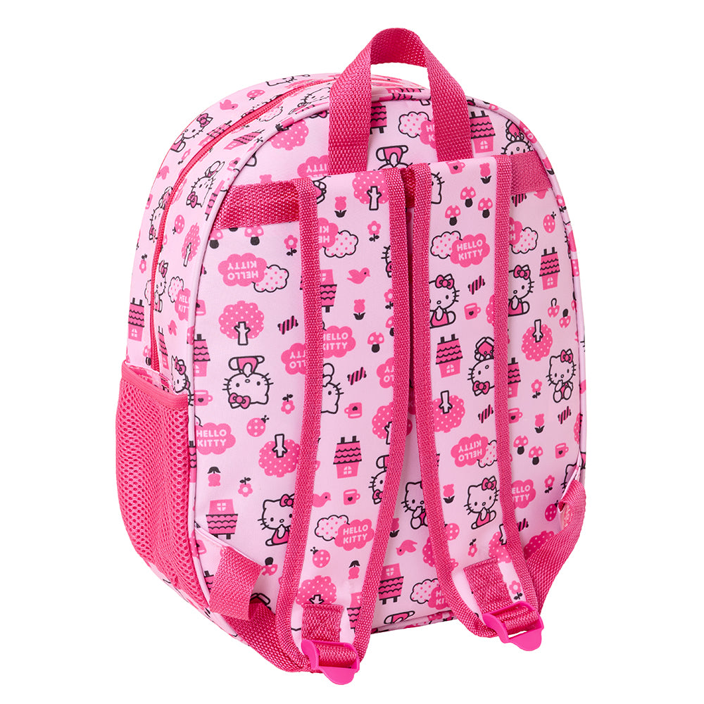 Rückseite eines rosa Hello Kitty Rucksacks mit verstellbaren Trägern und Netzseitentasche