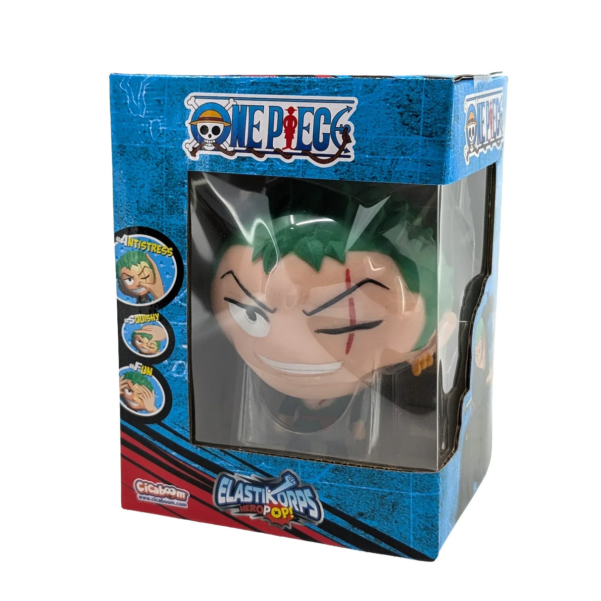 One Piece Elastikorps Hero Pop Roronoa Zoro Antistress Figur in blauer Verpackung