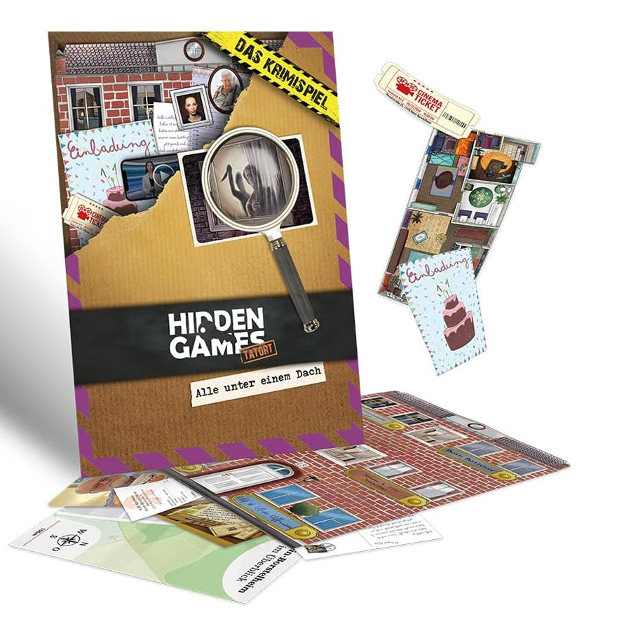 Krimispiel Hidden Games Tatort Alle unter einem Dach mit Lupe und Spielmaterial
